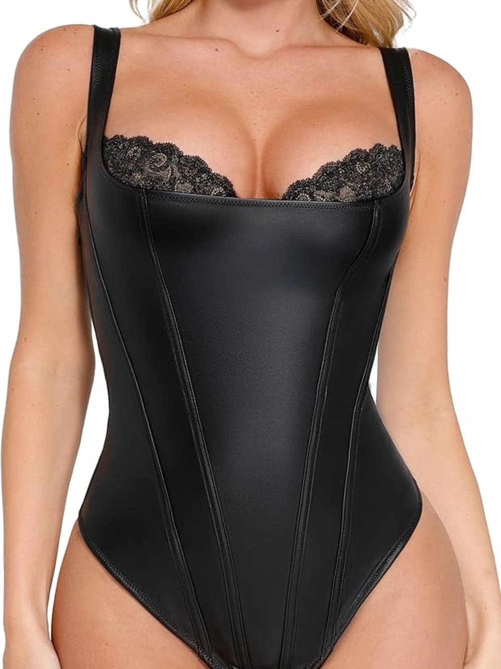 NWT Popilush Black Shapewear Faux Leather Lace Balconette Sculpting Bodysuit- 2X